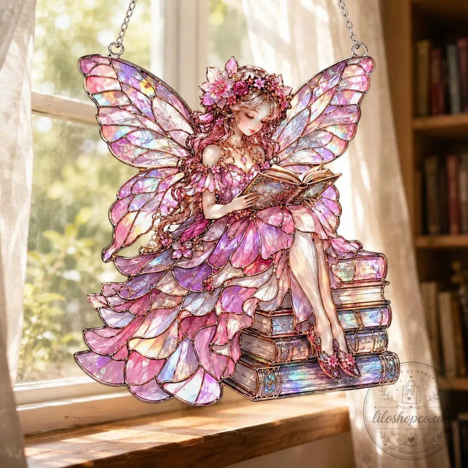 Personalized Reading Fairy Stained Glass Suncatcher for Home Decor 11 Personalized Reading Fairy Stained Glass Suncatcher for Home Decor