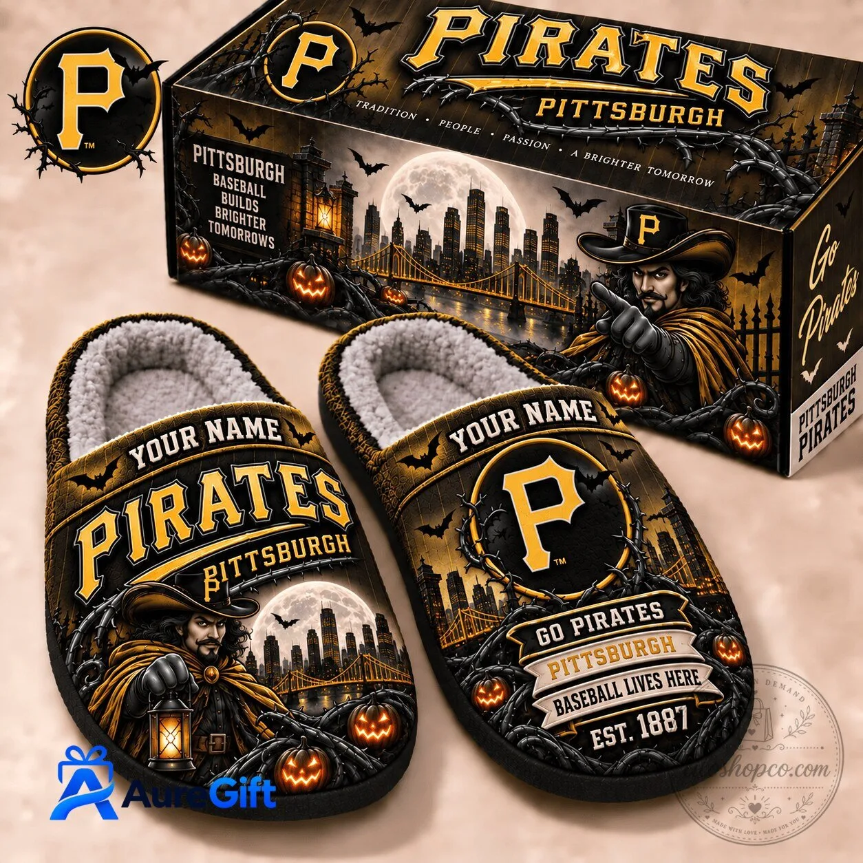 Pittsburgh Pirates Baseball Halloween Personalized Slippers