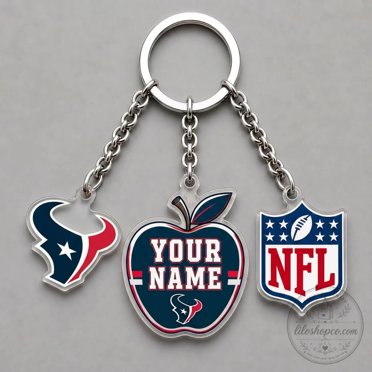 Personalized Houston Texans National Football League Apple Triple Charm Keychain