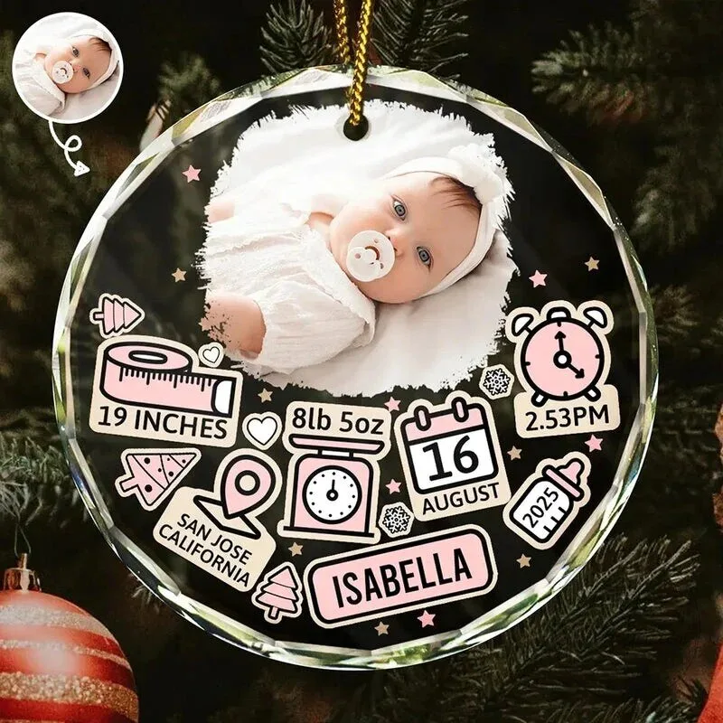 Personalized Baby First Christmas Photo Glass Ornament with Birth Stats