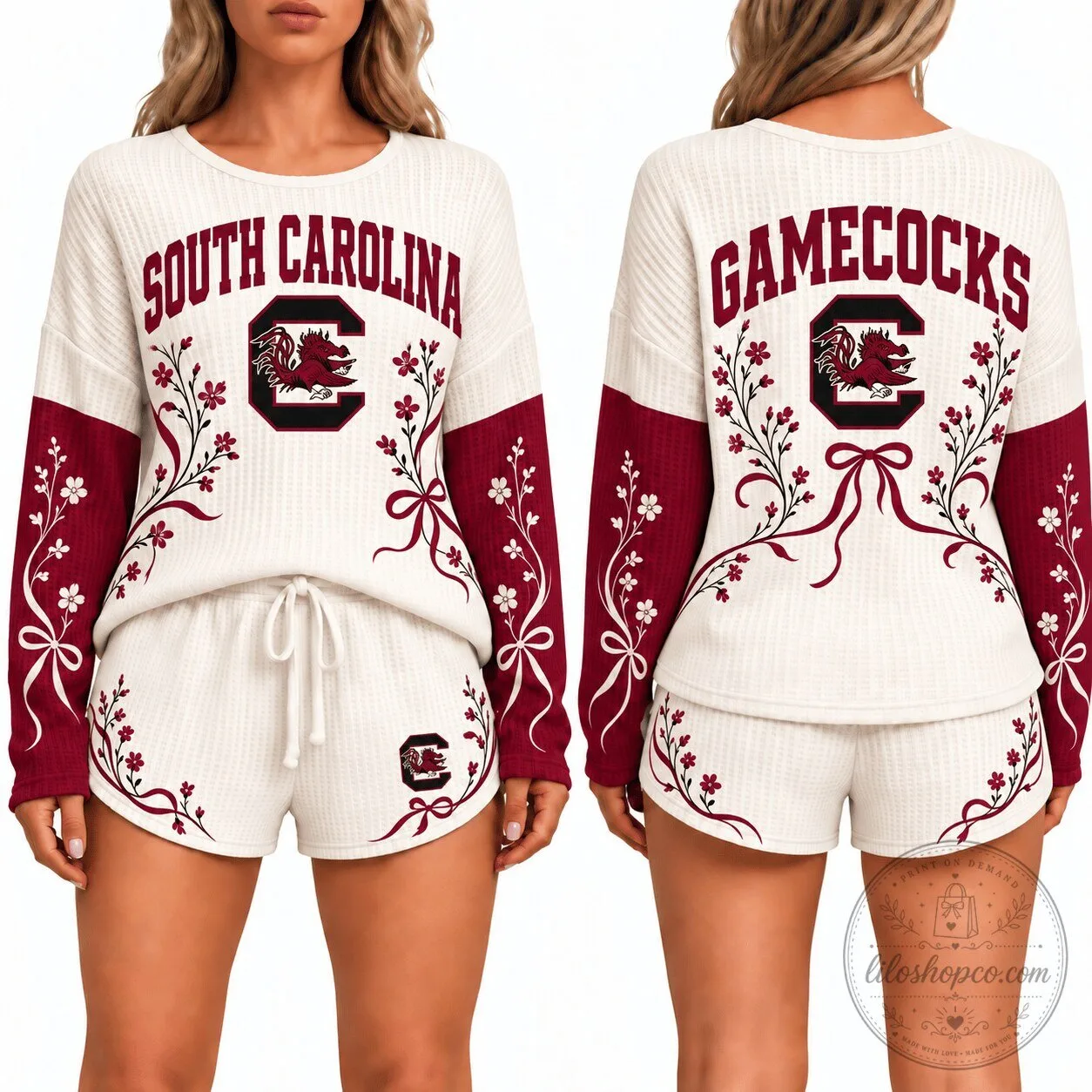 South Carolina Gamecocks Floral Ribbon Women's Waffle Pajamas Set