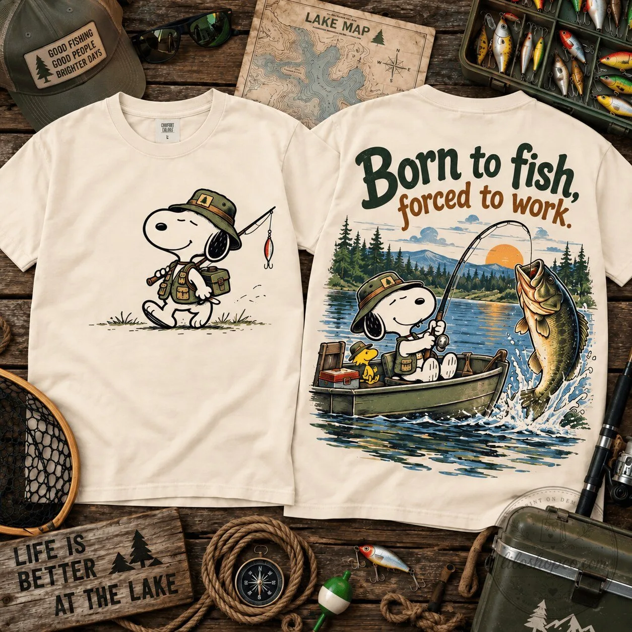 Snoopy Born To Fish Forced To Work Fishing T-Shirt