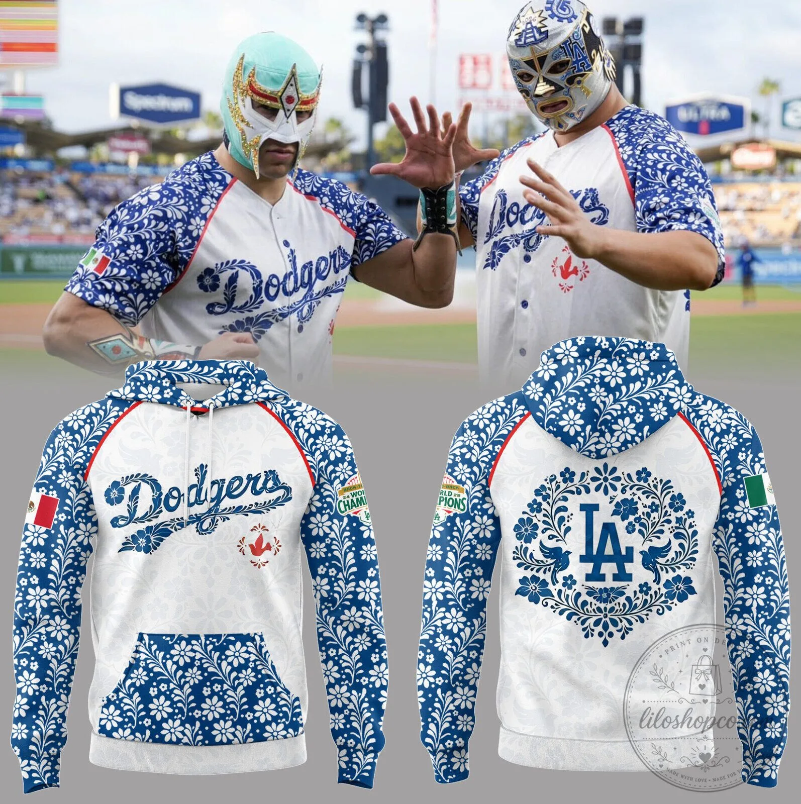 Dodgers Mexican Heritage Night Floral White and Blue Hoodie
