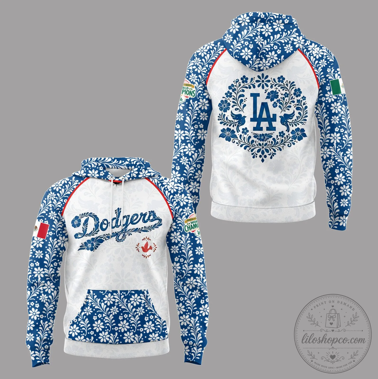 Dodgers Mexican Heritage Night Floral White and Blue Hoodie 5 Dodgers Mexican Heritage Night Floral White and Blue Hoodie
