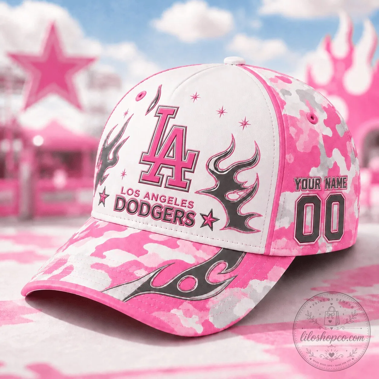 Los Angeles Dodgers Pink Camouflage Flame Custom Baseball Cap Hat